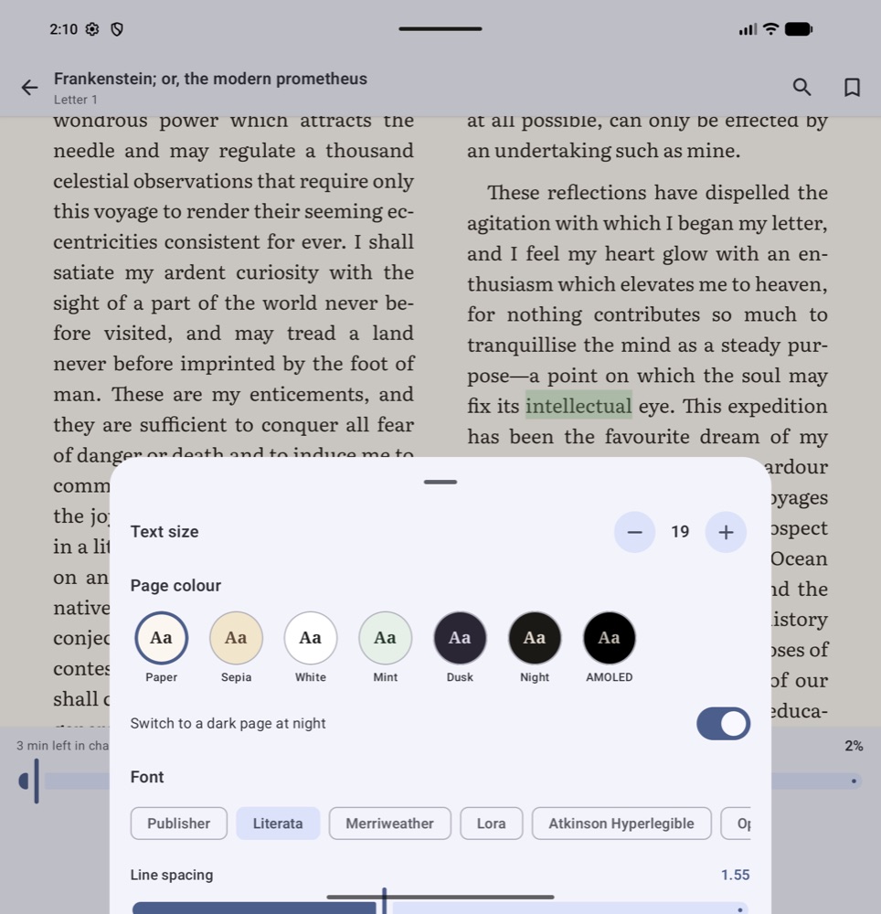 Grimreader's Display sheet over a page of Frankenstein: text size, seven page colours, fonts and line spacing