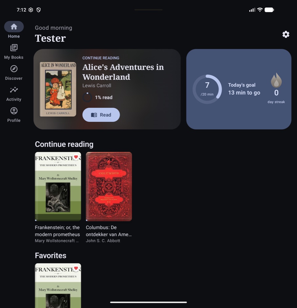 Grimreader's home screen: a continue reading card for Alice's Adventures in Wonderland, today's goal ring and a streak flame