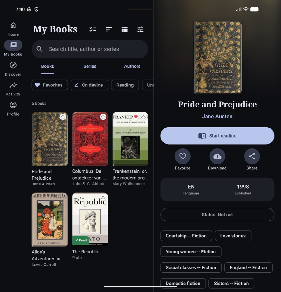Grimreader's library on a foldable: a grid of book covers on the left and the details of Pride and Prejudice on the right