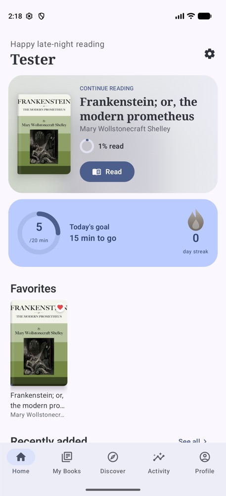 Grimreader's home screen on a phone in the light theme: continue reading, today's goal and favourites, with a bottom navigation bar