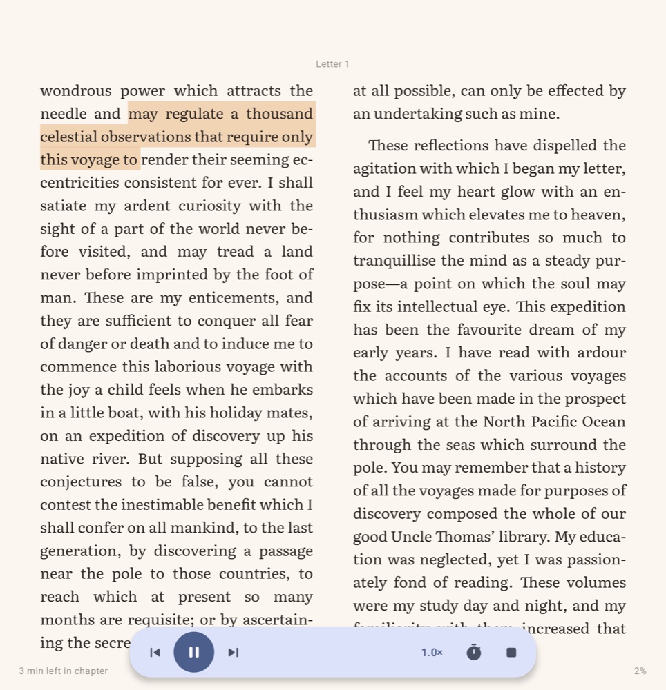 Two pages of Frankenstein with one sentence highlighted and a player with previous, pause, next, speed and sleep timer