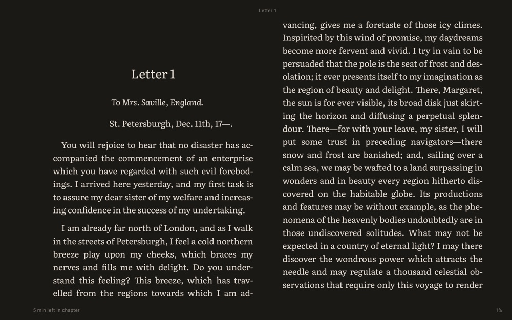 Grimreader on a tablet in landscape: two pages of Frankenstein in the night theme