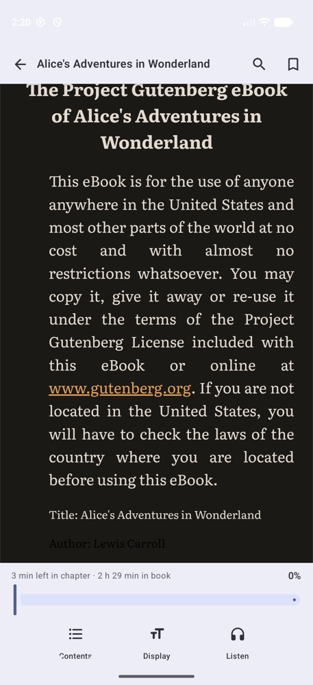 Grimreader on a phone: one page of text, a progress bar and Contents, Display and Listen buttons