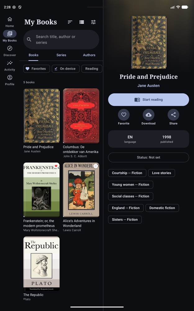 Grimreader on a tablet in portrait: the library list on the left and the details of Pride and Prejudice on the right